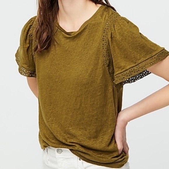 J. CREW flutter sleeve linen tee with lace trim - Picture 2 of 10